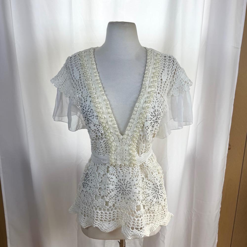 Vtg Y2K Deadstock Ivory Crochet Boho V Neck Open Knit Blouse Womens XL Fairy